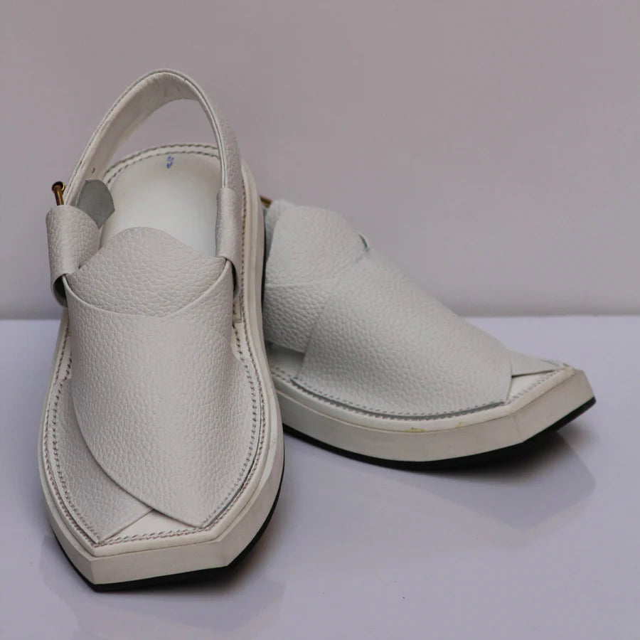 White Daanedar – Pure Leather Handmade Kaptaan Chappal